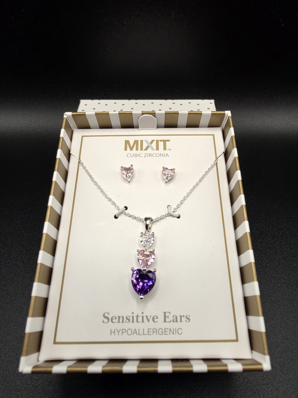 MIXIT Heart Trilogy Necklace & Stud Earrings - Purple and Pink Cubic Zirconia